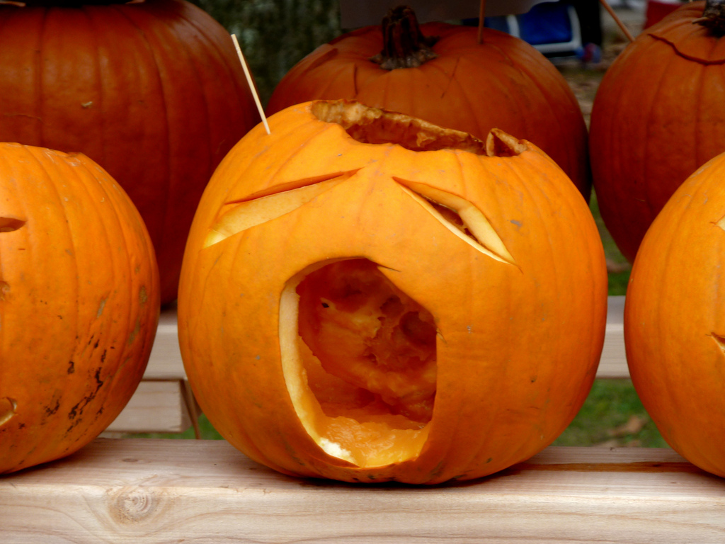 Close-up of carved pumpkins with expressive faces, orange and brown tones, festive autumn mood.